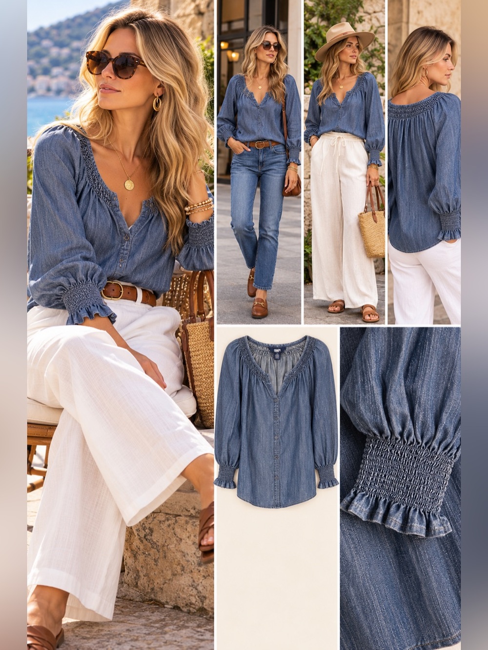 Chaps Women's Blue Denim Peasant Blouse